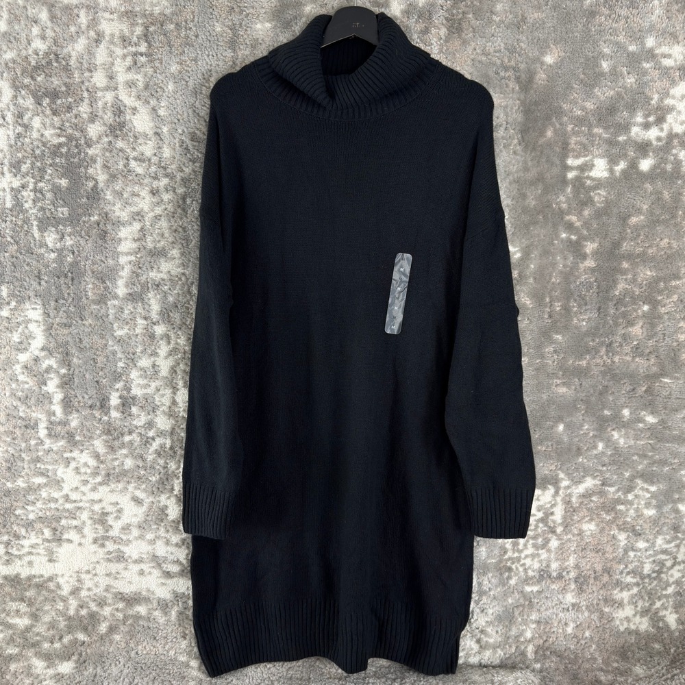 New GAP Size M Turtleneck Ribbed Knit Mini Sweater Dress Black Long Sleeve Women